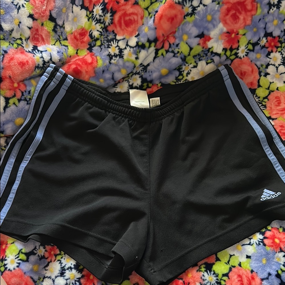 Adidas Women's Black Shorts with Blue Stripes